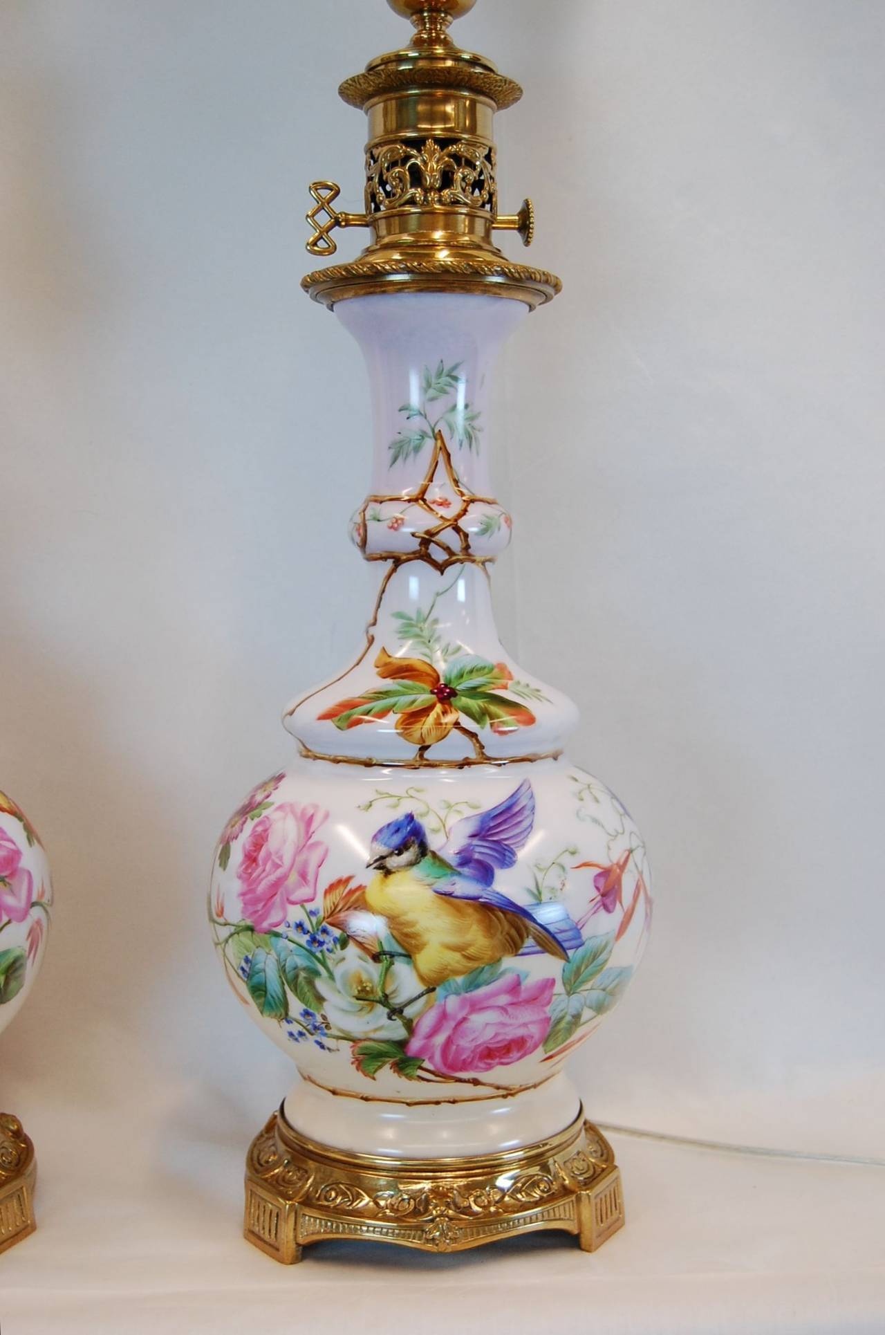 British Pair Hand Painted English Porcelain Oil Lamps Decorated w/ Birds & Flowers