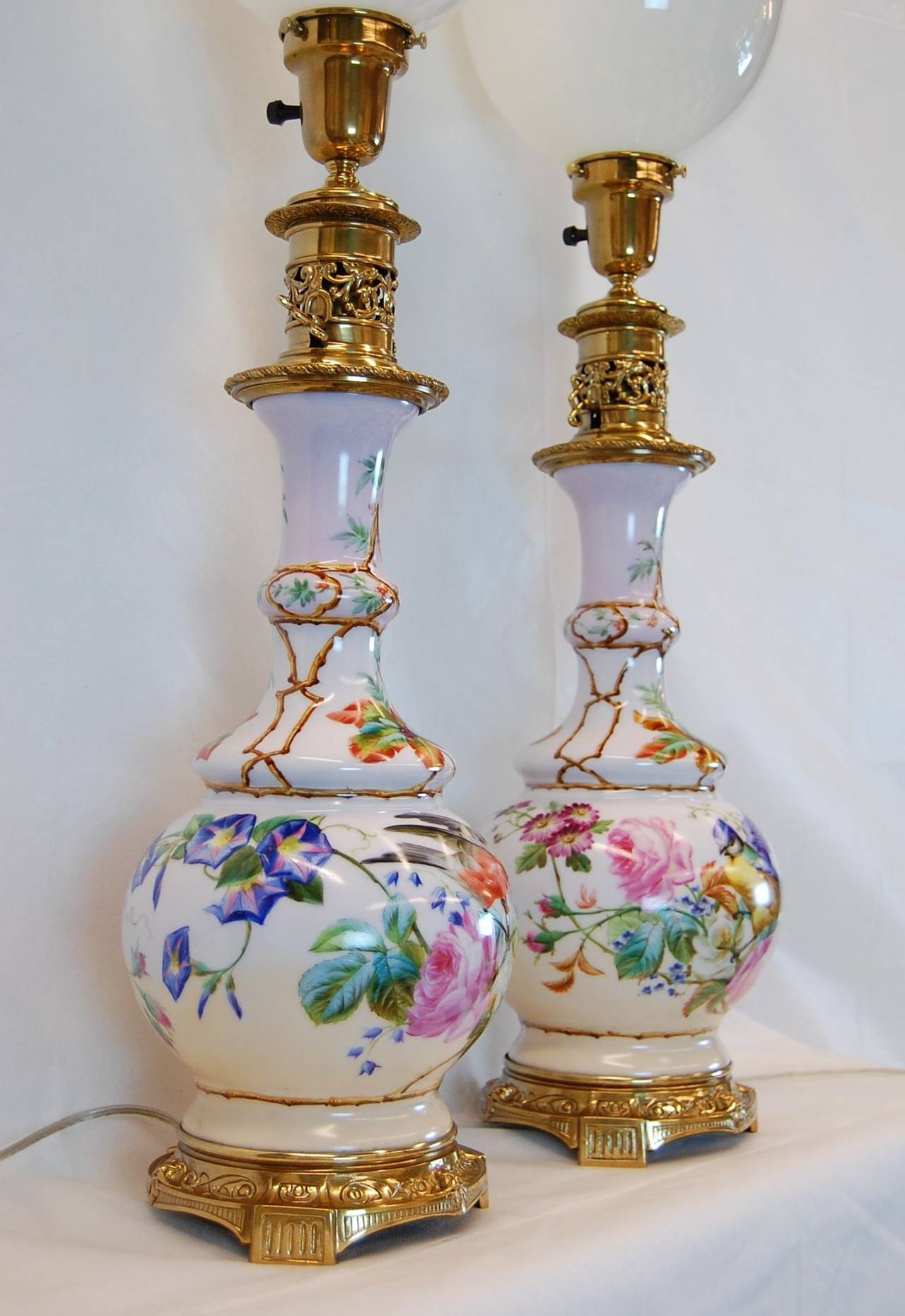 Late 19th Century Pair Hand Painted English Porcelain Oil Lamps Decorated w/ Birds & Flowers