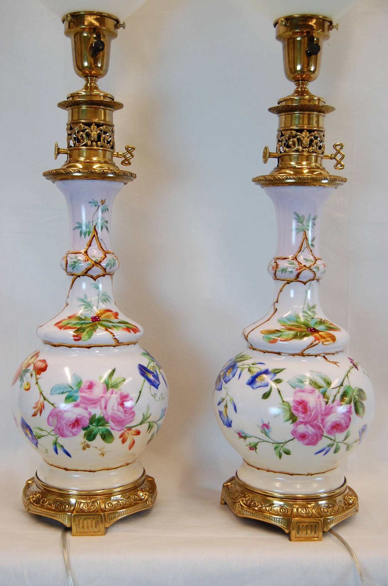 Brass Pair Hand Painted English Porcelain Oil Lamps Decorated w/ Birds & Flowers