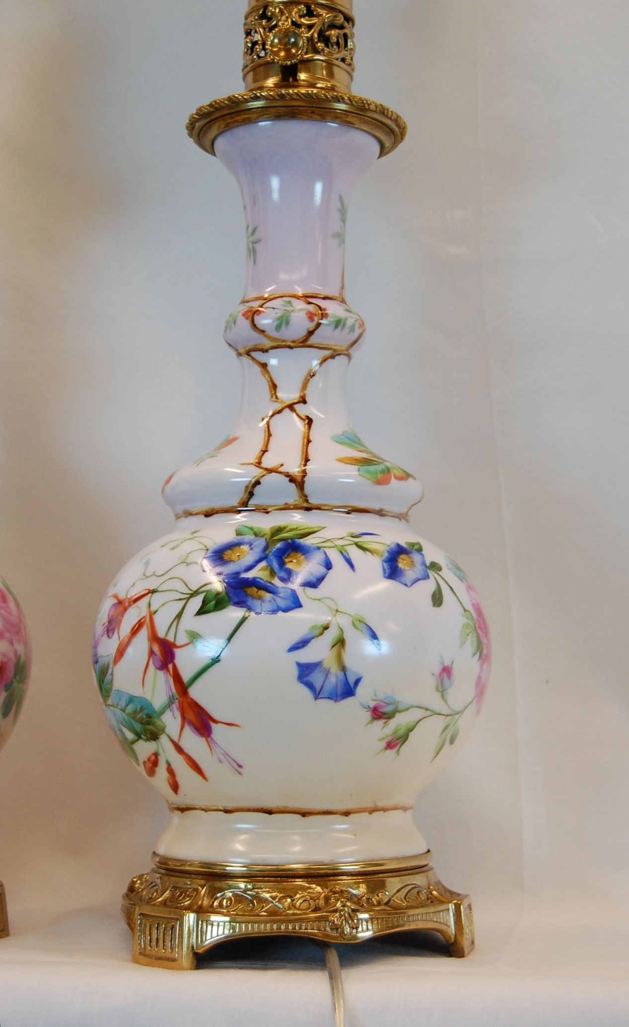 Pair Hand Painted English Porcelain Oil Lamps Decorated w/ Birds & Flowers 1