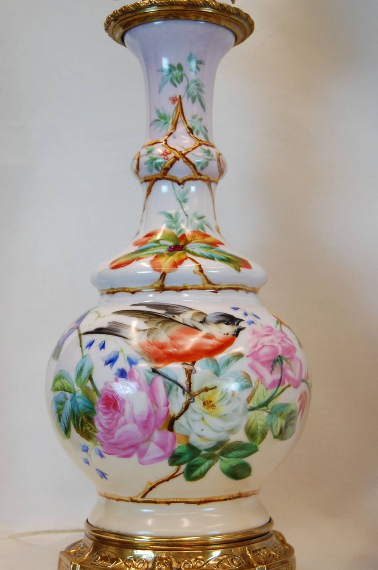 Pair Hand Painted English Porcelain Oil Lamps Decorated w/ Birds & Flowers 2
