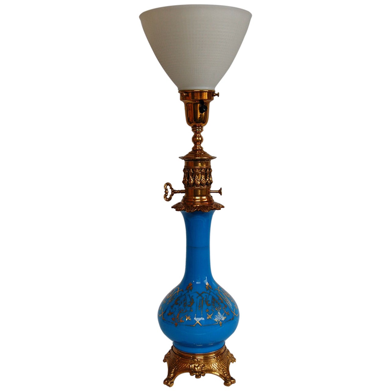 Blue Opaline Glass French Oil Lamp For Sale