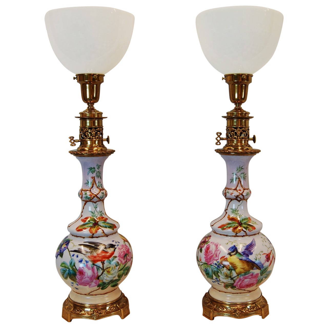 Pair Hand Painted English Porcelain Oil Lamps Decorated w/ Birds & Flowers