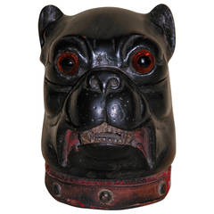 Antique Hand-Carved Wood Inkwell in Form of Pug or Bulldog