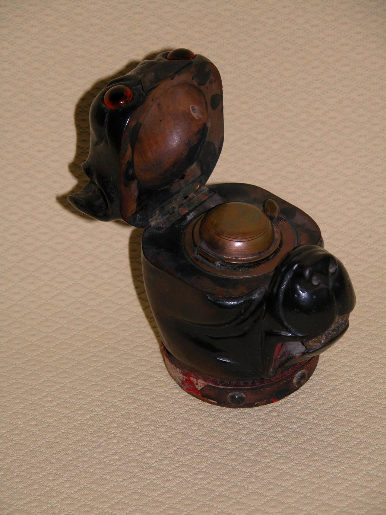 British Hand-Carved Wood Inkwell in Form of Pug or Bulldog