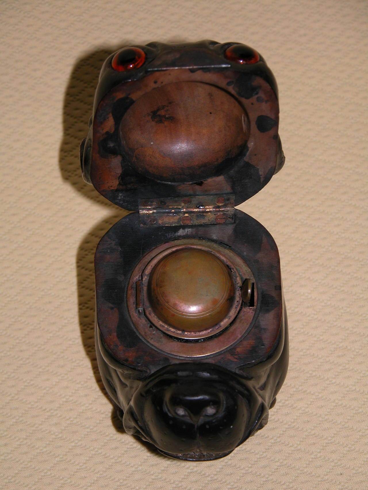 Hand-Carved Wood Inkwell in Form of Pug or Bulldog 3