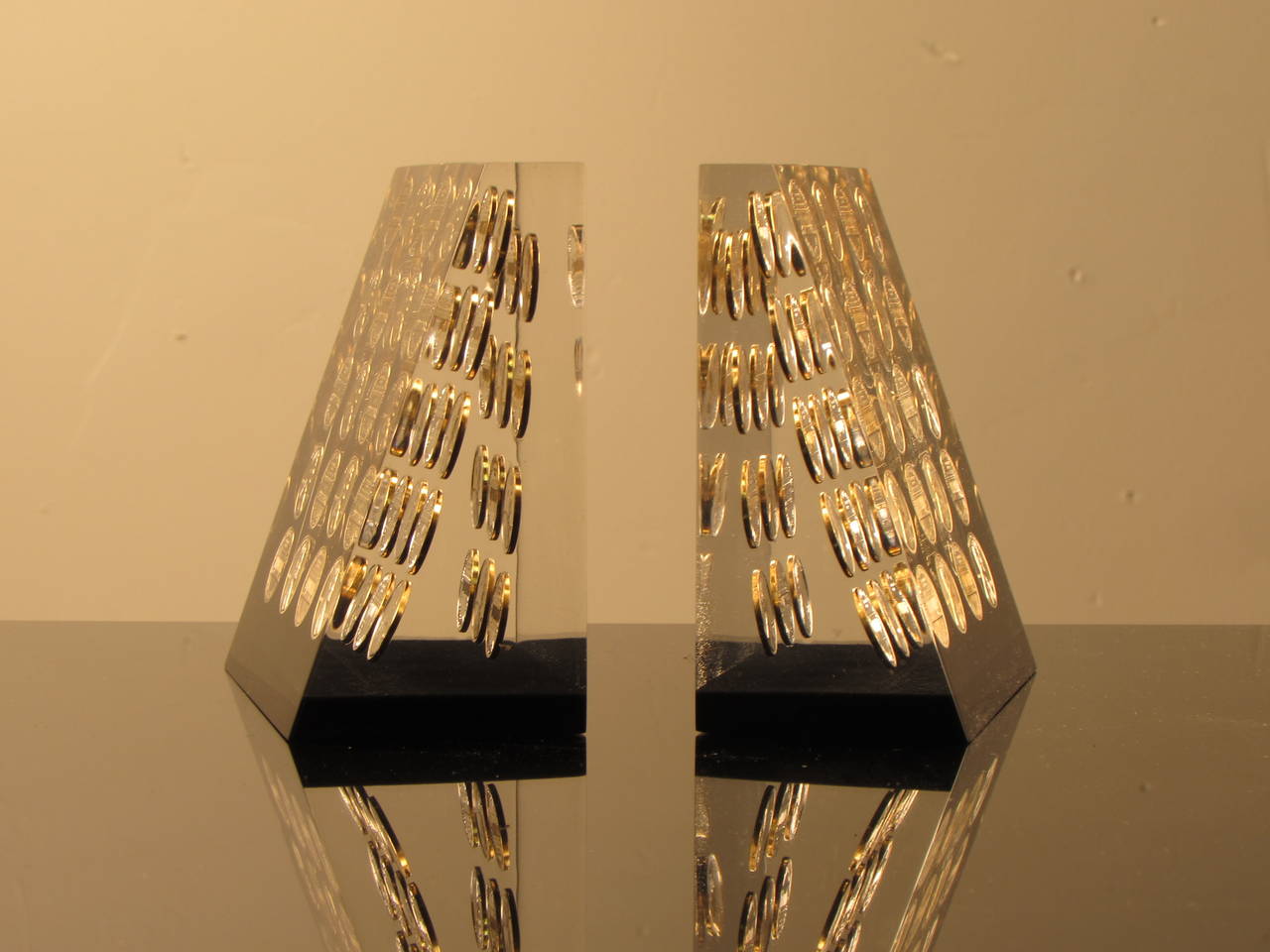 Late 20th Century Brilliant Pair of Clear + Black Lucite Bookends with Suspended Pennies