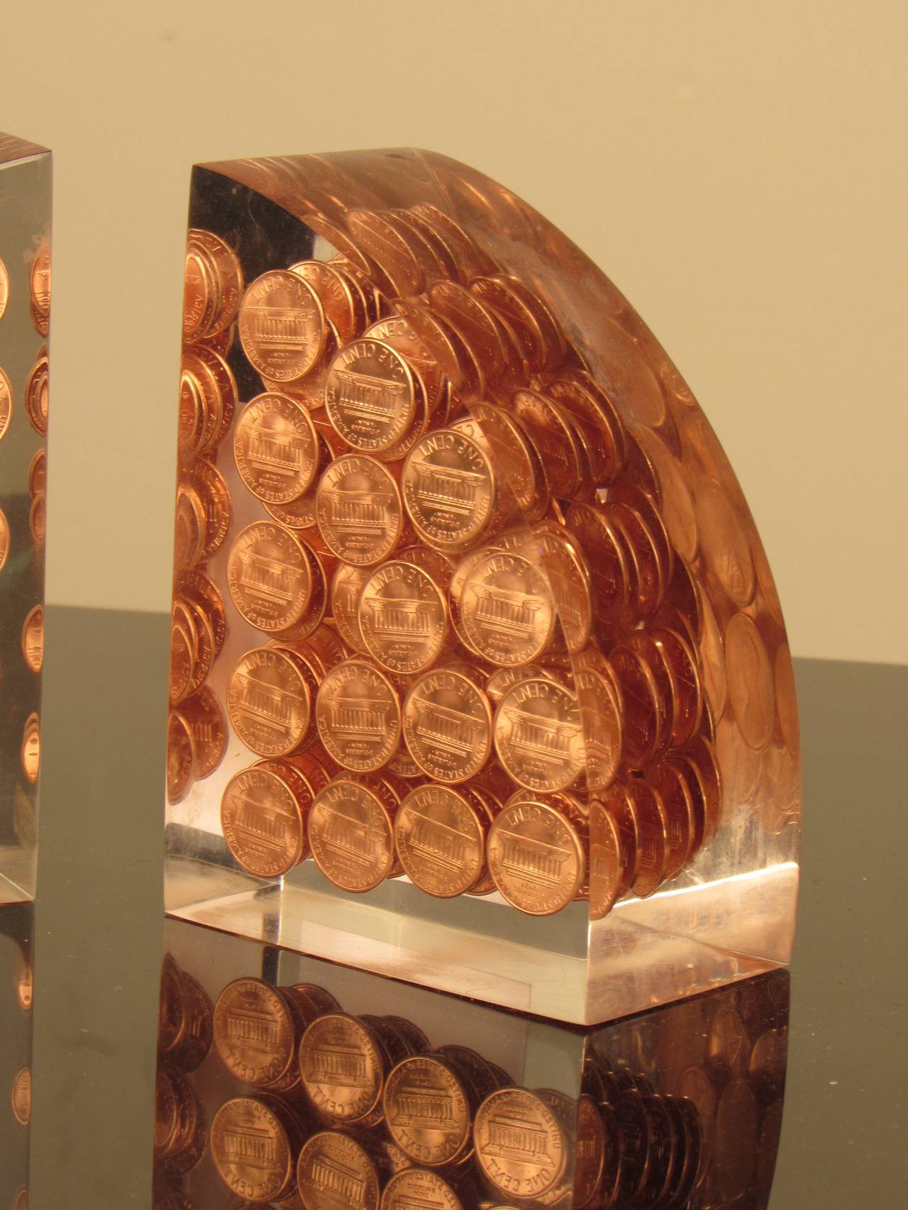 American Gleaming Lucite Demi-lune Bookends with Suspended Pennies