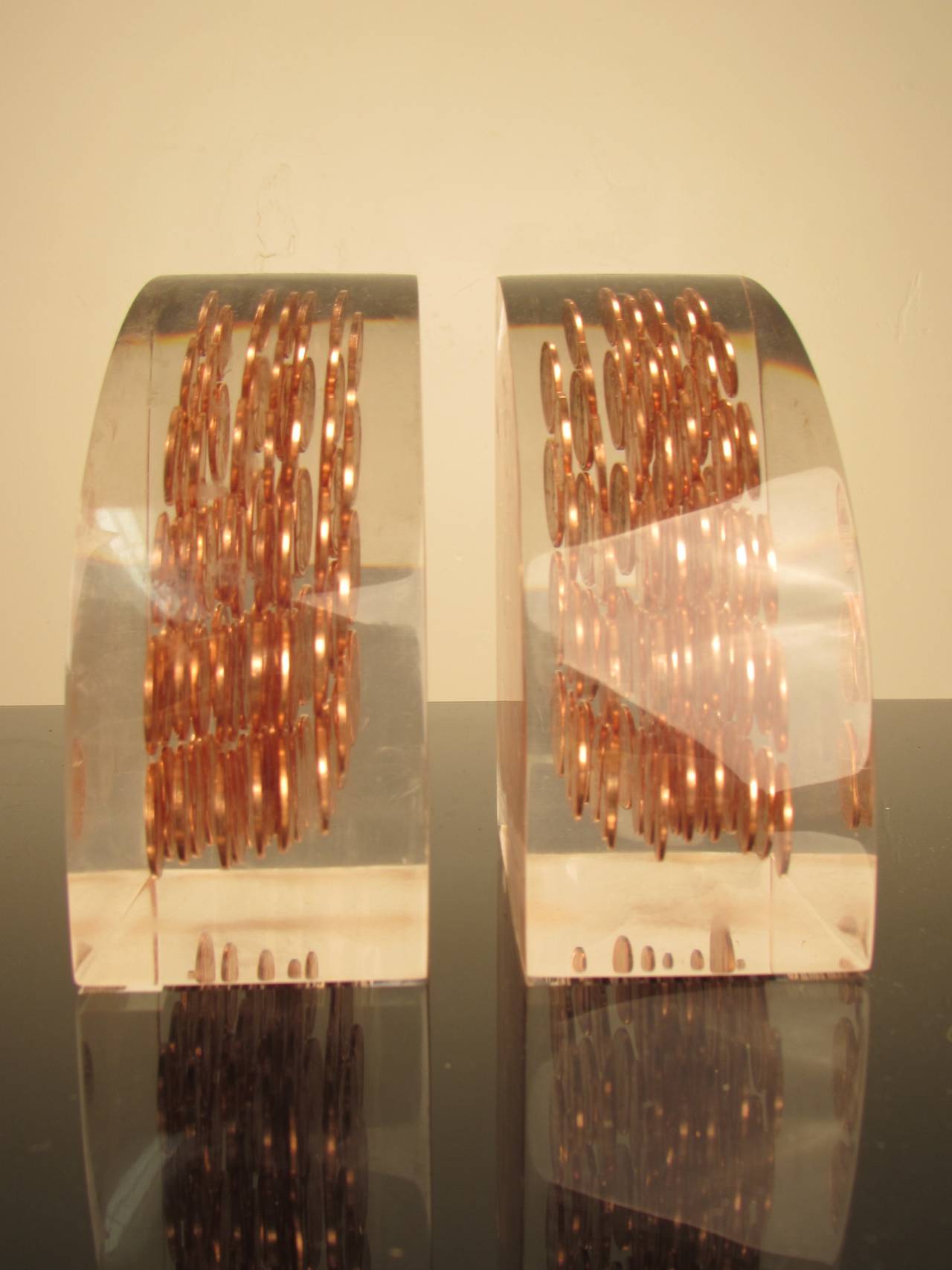 Acrylic Gleaming Lucite Demi-lune Bookends with Suspended Pennies