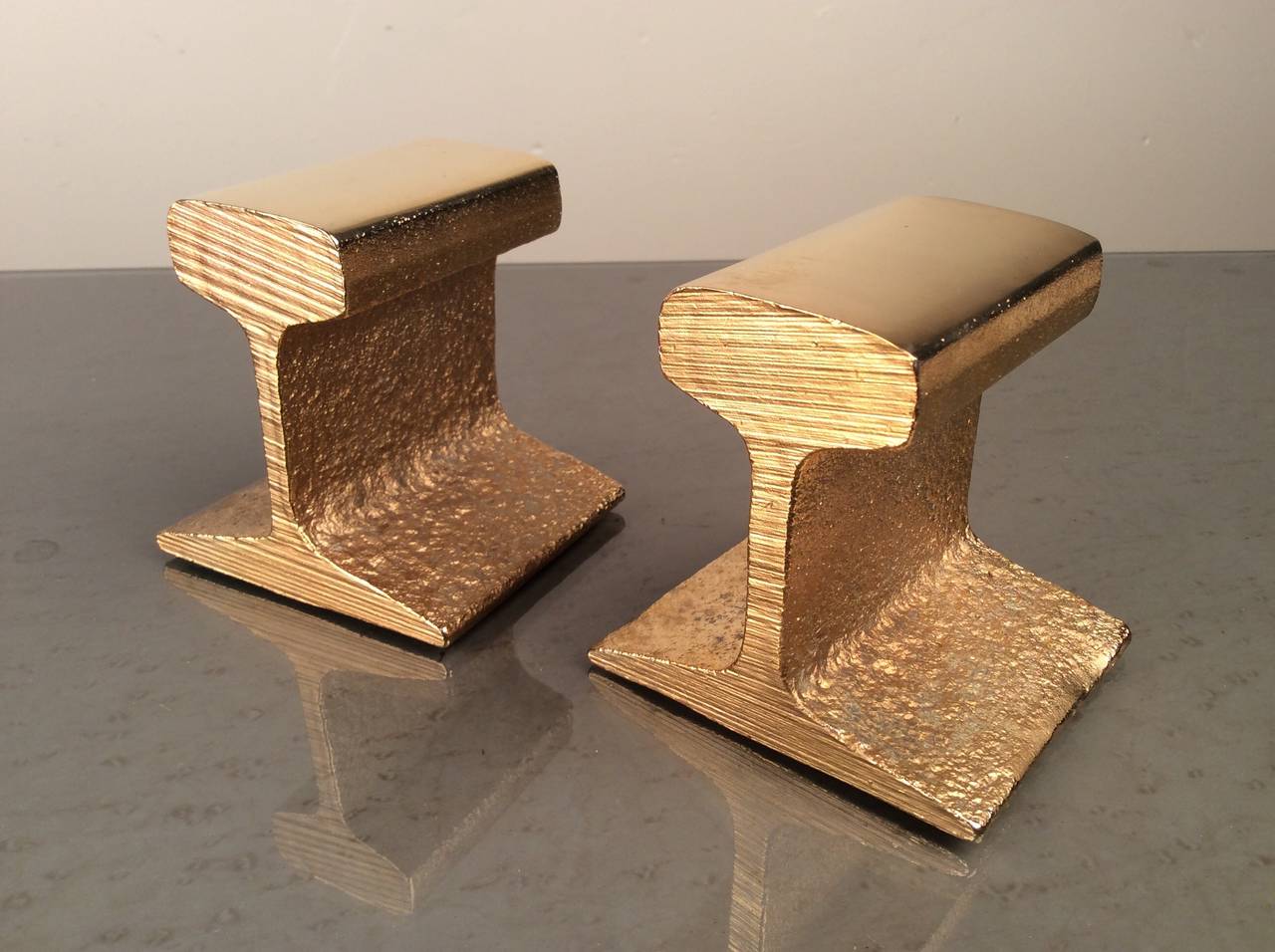 Mid-Century Modern Industrial Glam 24k Gold Plated Railroad Tie Bookends