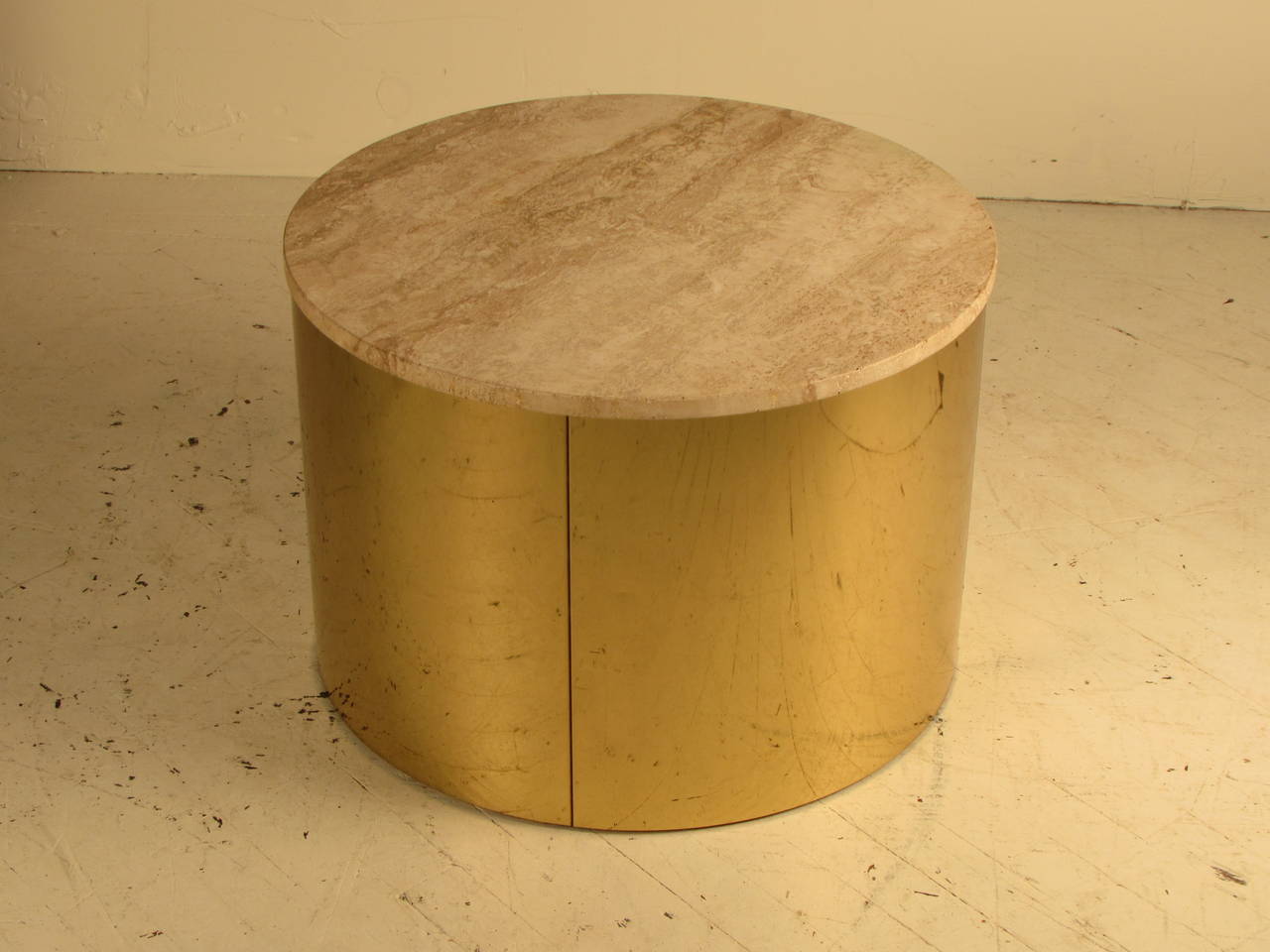 Mid-Century Modern Mirror Polished Brass Drum Table with Travertine Top by Curtis Jere, circa 1980