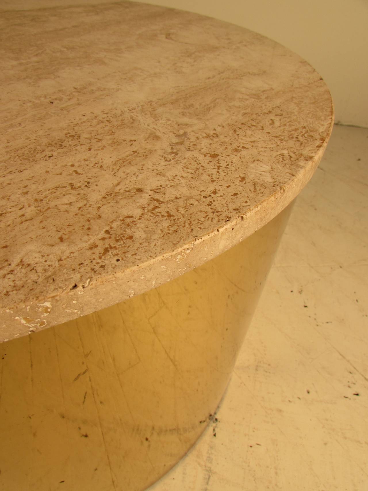 Late 20th Century Mirror Polished Brass Drum Table with Travertine Top by Curtis Jere, circa 1980