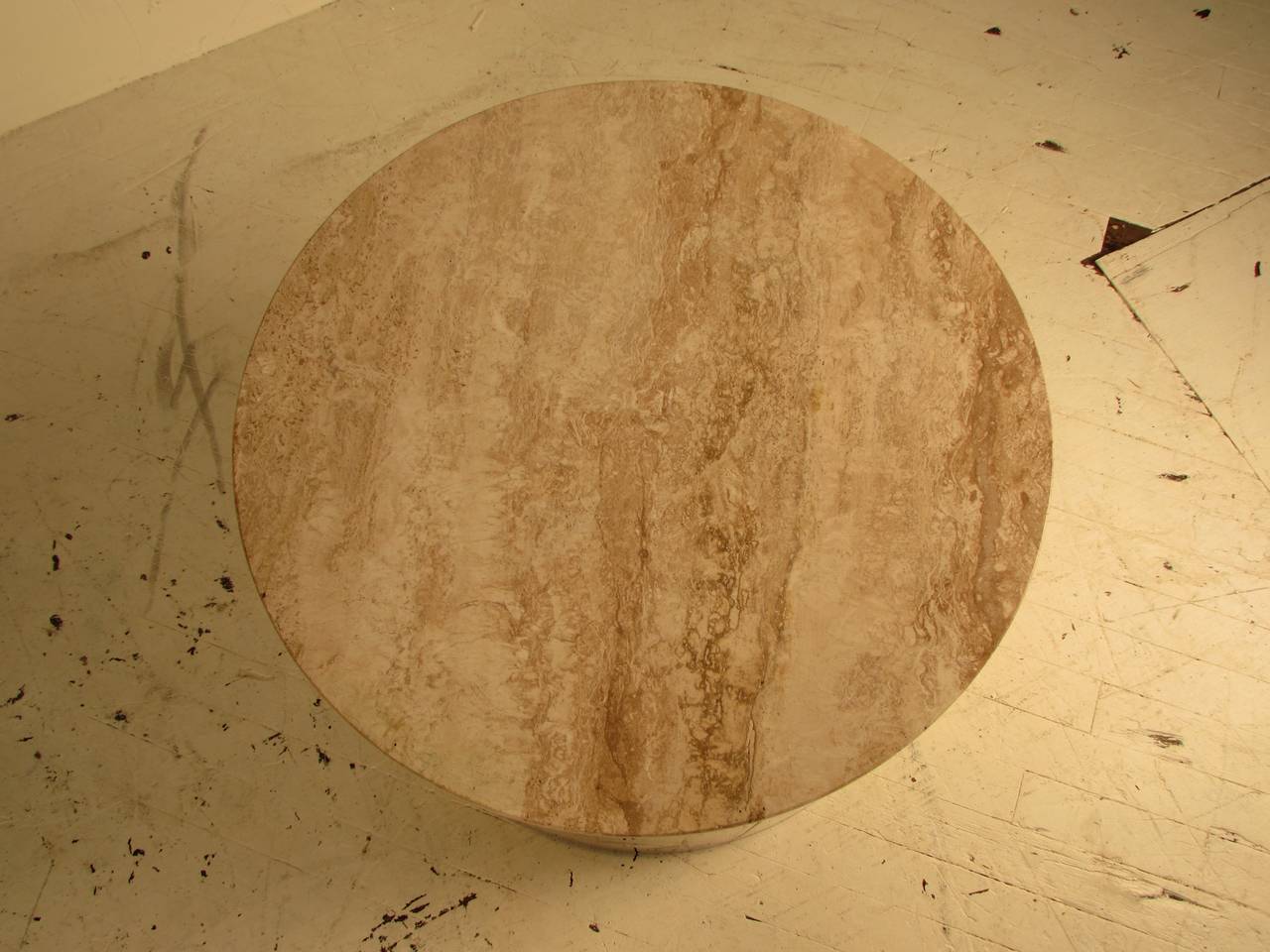 Mirror Polished Brass Drum Table with Travertine Top by Curtis Jere, circa 1980 In Good Condition In New York, NY