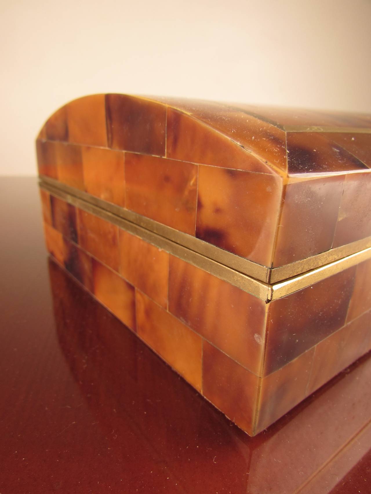 Hollywood Regency Handsome Tessellated Tortoise Shell Box with Brass Inlay by Maitland Smith