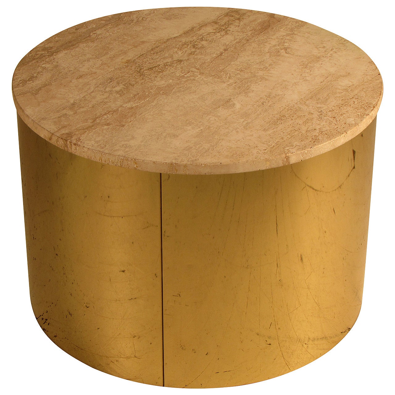 Mirror Polished Brass Drum Table with Travertine Top by Curtis Jere, circa 1980