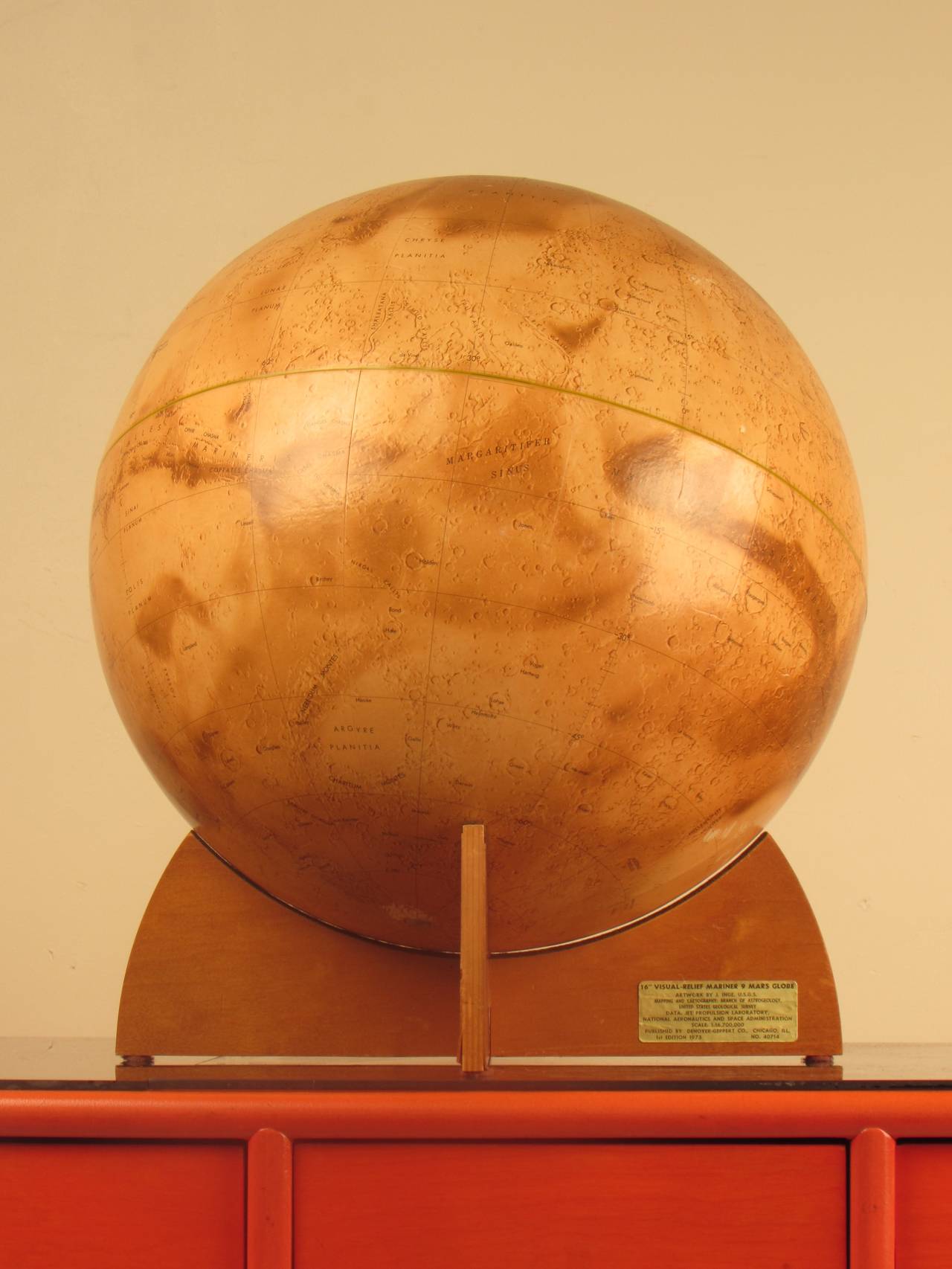 Important and very rare first edition visual relief Mariner 9 Mars Globe by Denoyer-Geppert, 1973. Color lithograph globe. Known examples of this globe are found in museums and university archives. This is an important piece of history because it is