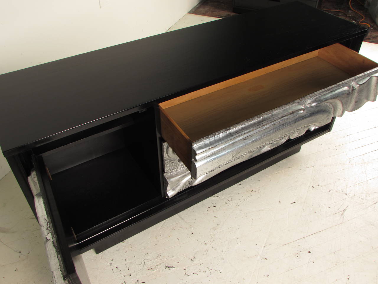 Ebonized Sideboard with Silver Leaf, Sculptural Relief Front 1