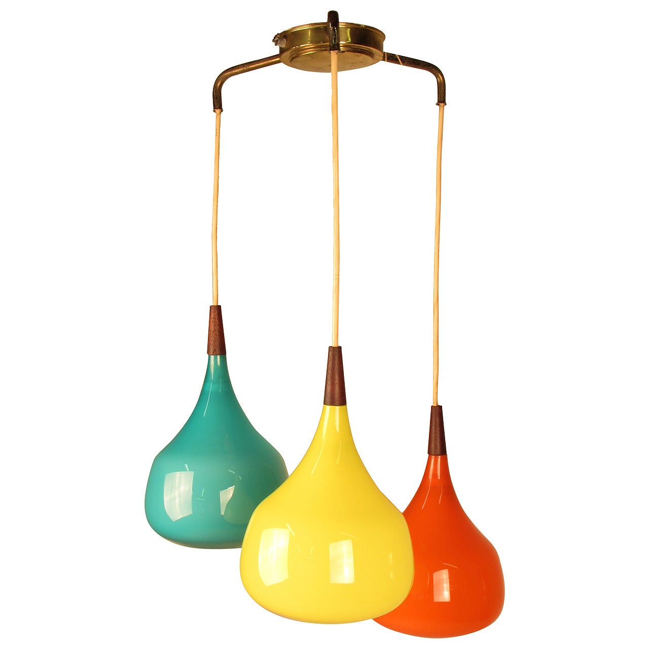 Colorful Danish Modern Glass and Teak Pendant Lamp