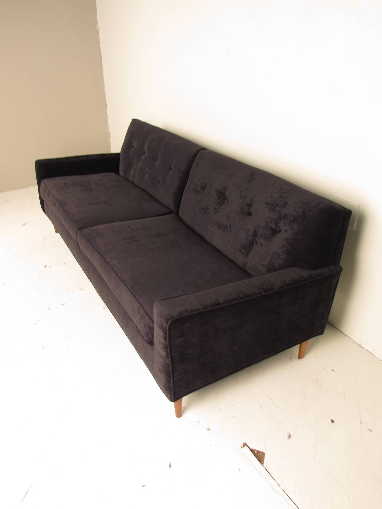 American Seductive Black Velvet Sofa in the Style of Milo Baughman