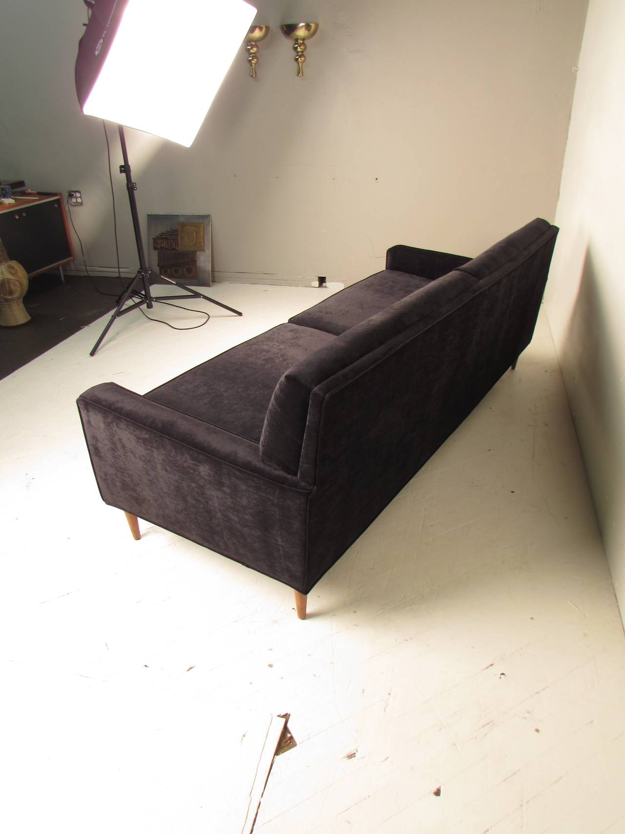 Seductive Black Velvet Sofa in the Style of Milo Baughman 1
