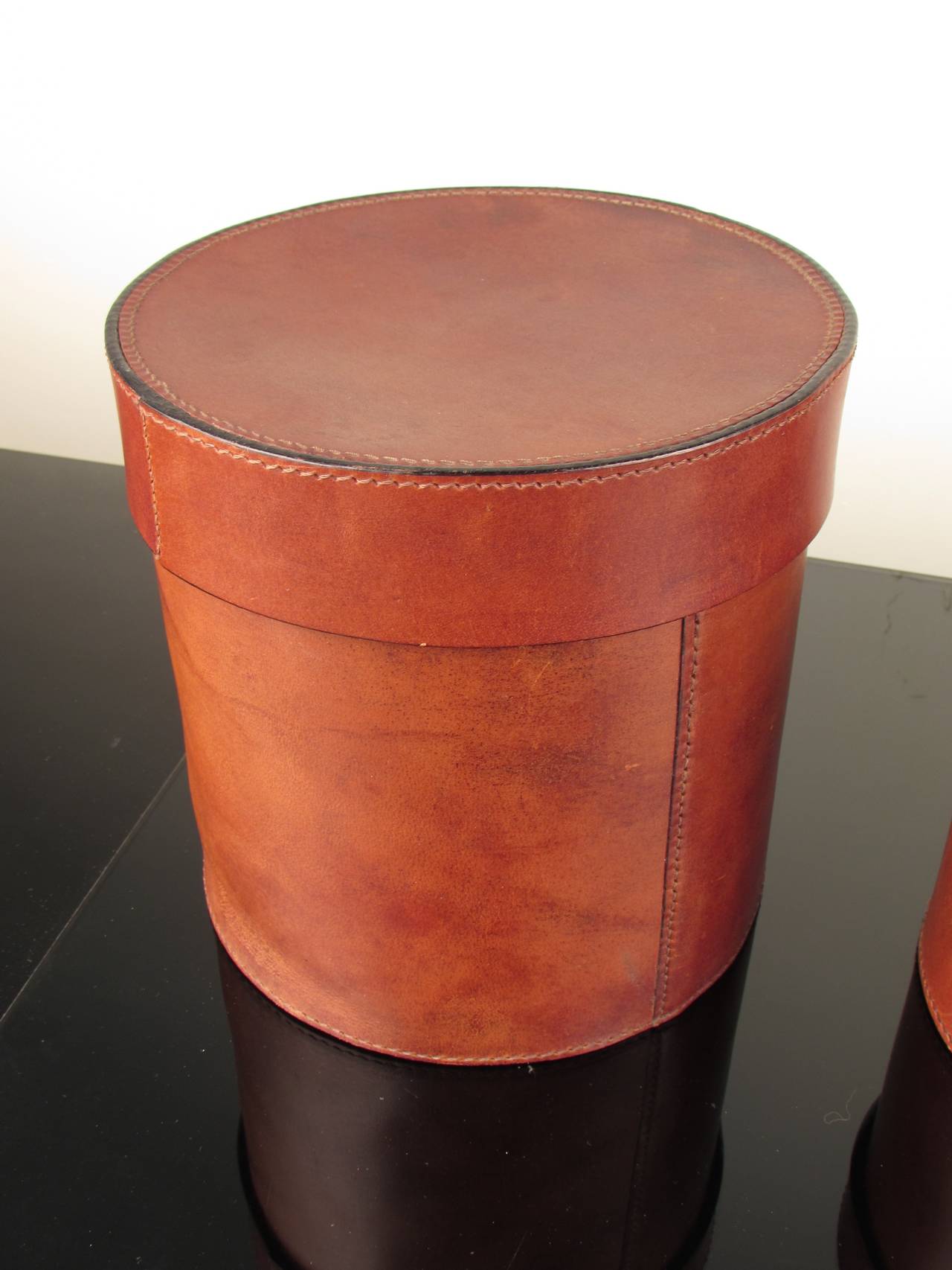 American Handsome Trio of Buttery Leather Lidded Vessels