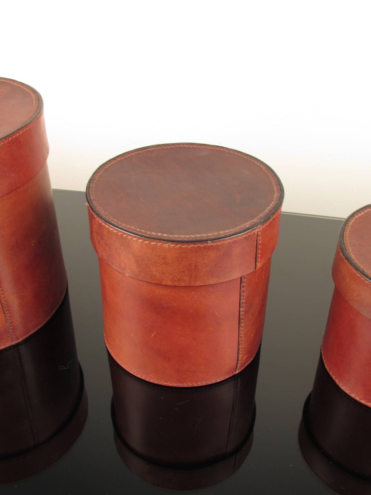 Handsome Trio of Buttery Leather Lidded Vessels In Excellent Condition In New York, NY