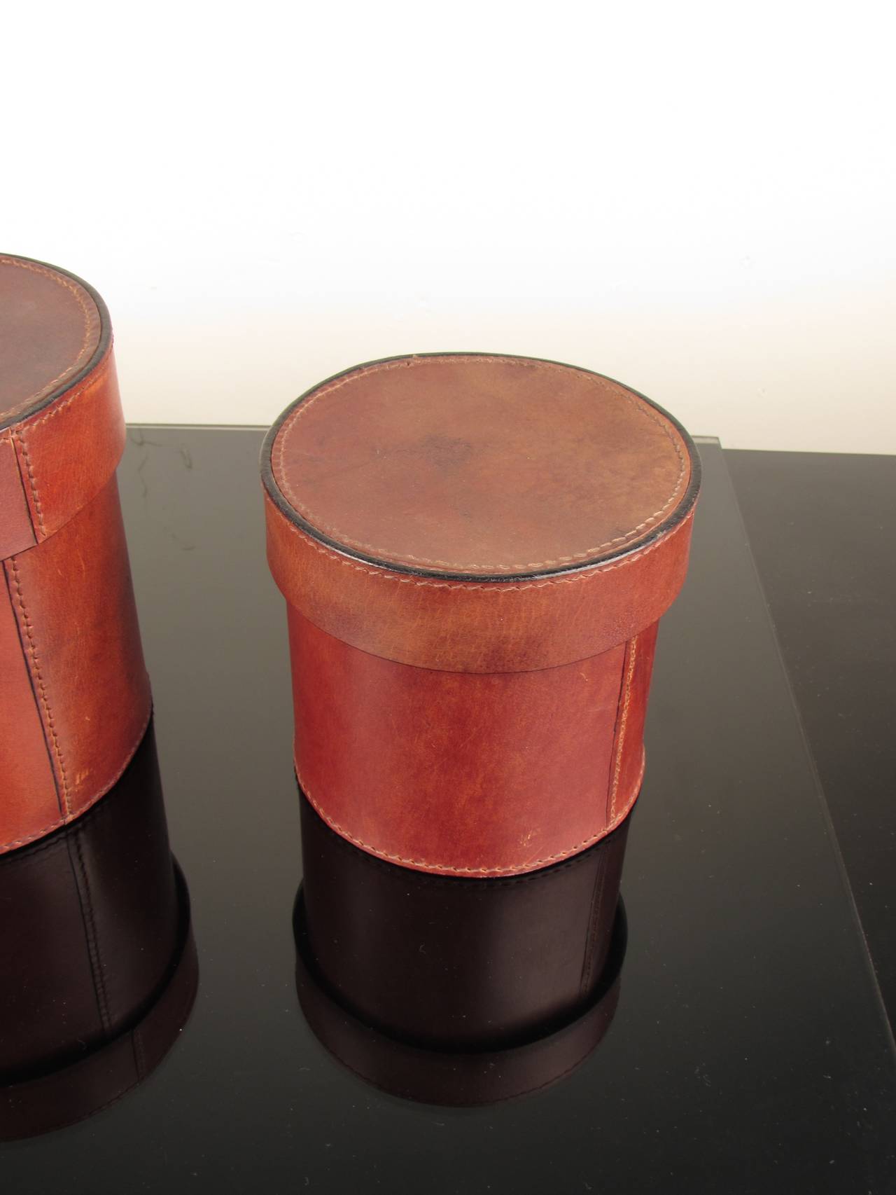 Late 20th Century Handsome Trio of Buttery Leather Lidded Vessels