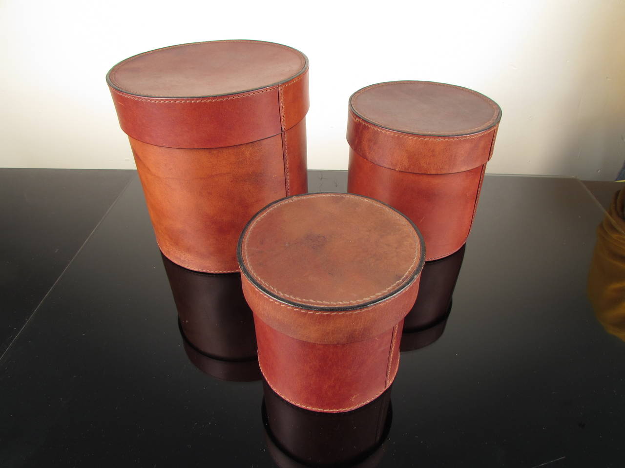 Handsome Trio of Buttery Leather Lidded Vessels 3
