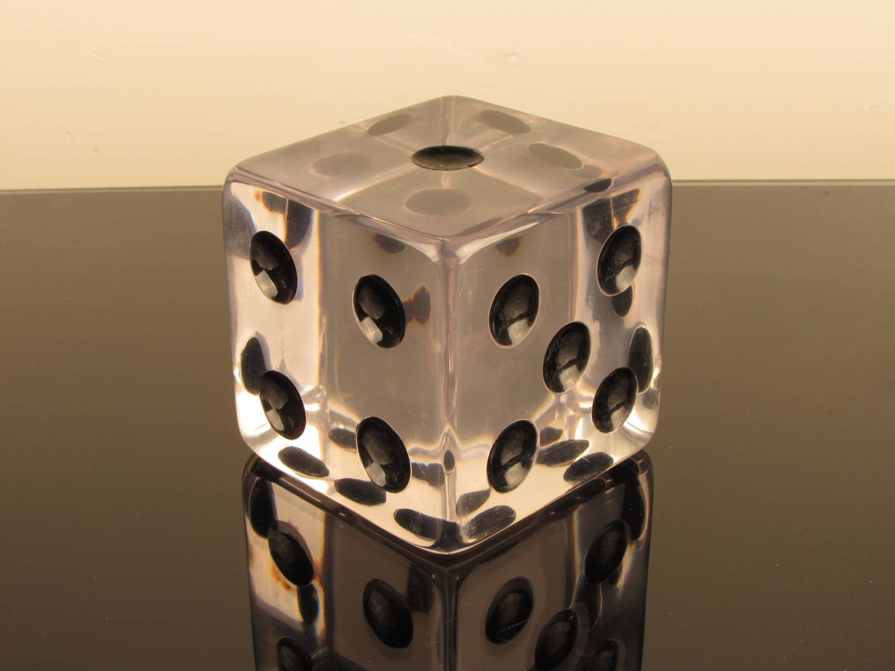 Incredible large lucite dice bookend or paperweight with enamel details in the Pop art style. Lucite is crystal clear and in excellent condition for its age.