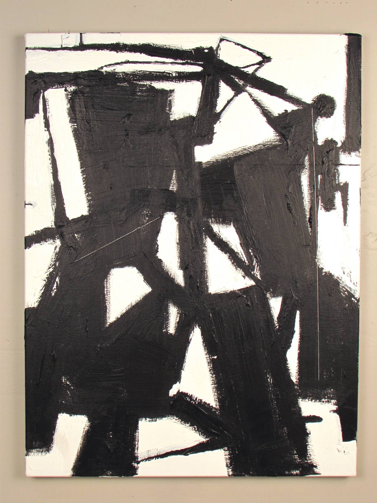 Striking Minimalist Black + White Abstract Oil on Canvas