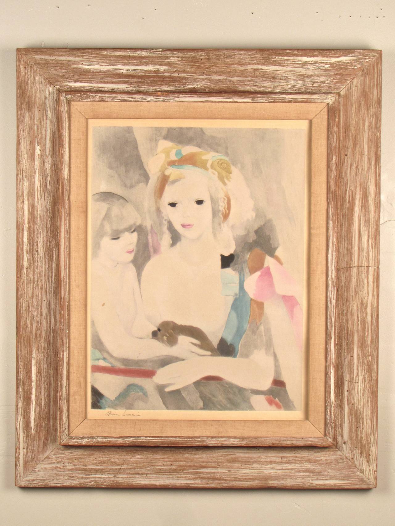 Etching and aquatint with hand coloring by Marie Laurencin (1885-1956) depicting a woman, a child and a dog, circa 1923. Utterly stunning rich, soft colors: Chartreuse, salmon, rose, aqua, cerulean, mustard and charcoal, punctuated by Laurencin's