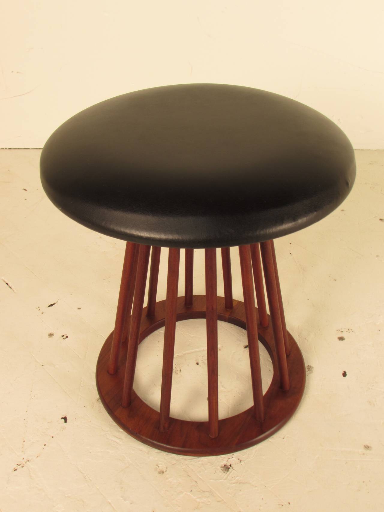 Naugahyde Elegant Danish Modern Teak Spindle Stool by Arthur Umanoff, c1960