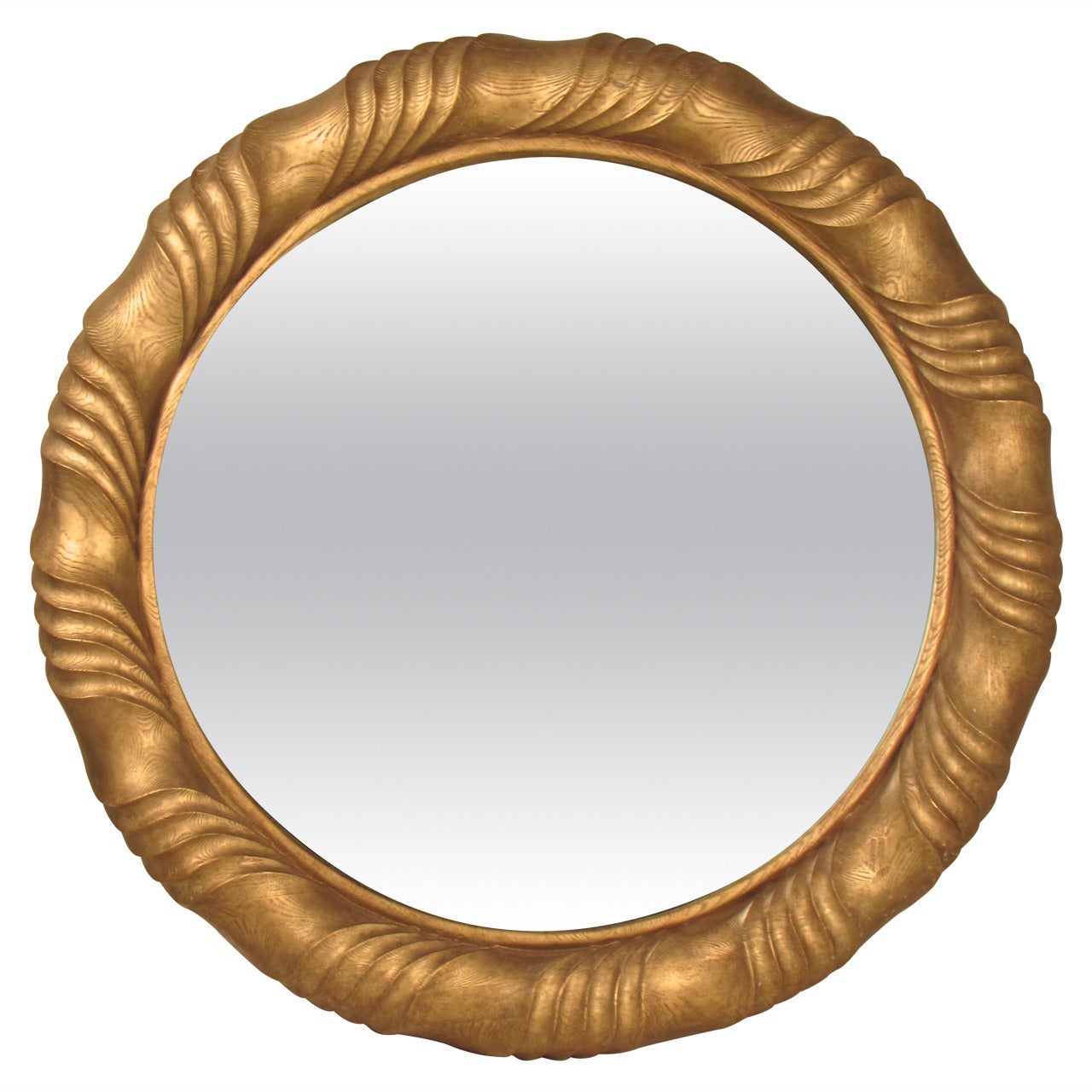 Monumental Gilded Resin Round Mirror with Bevel Detail