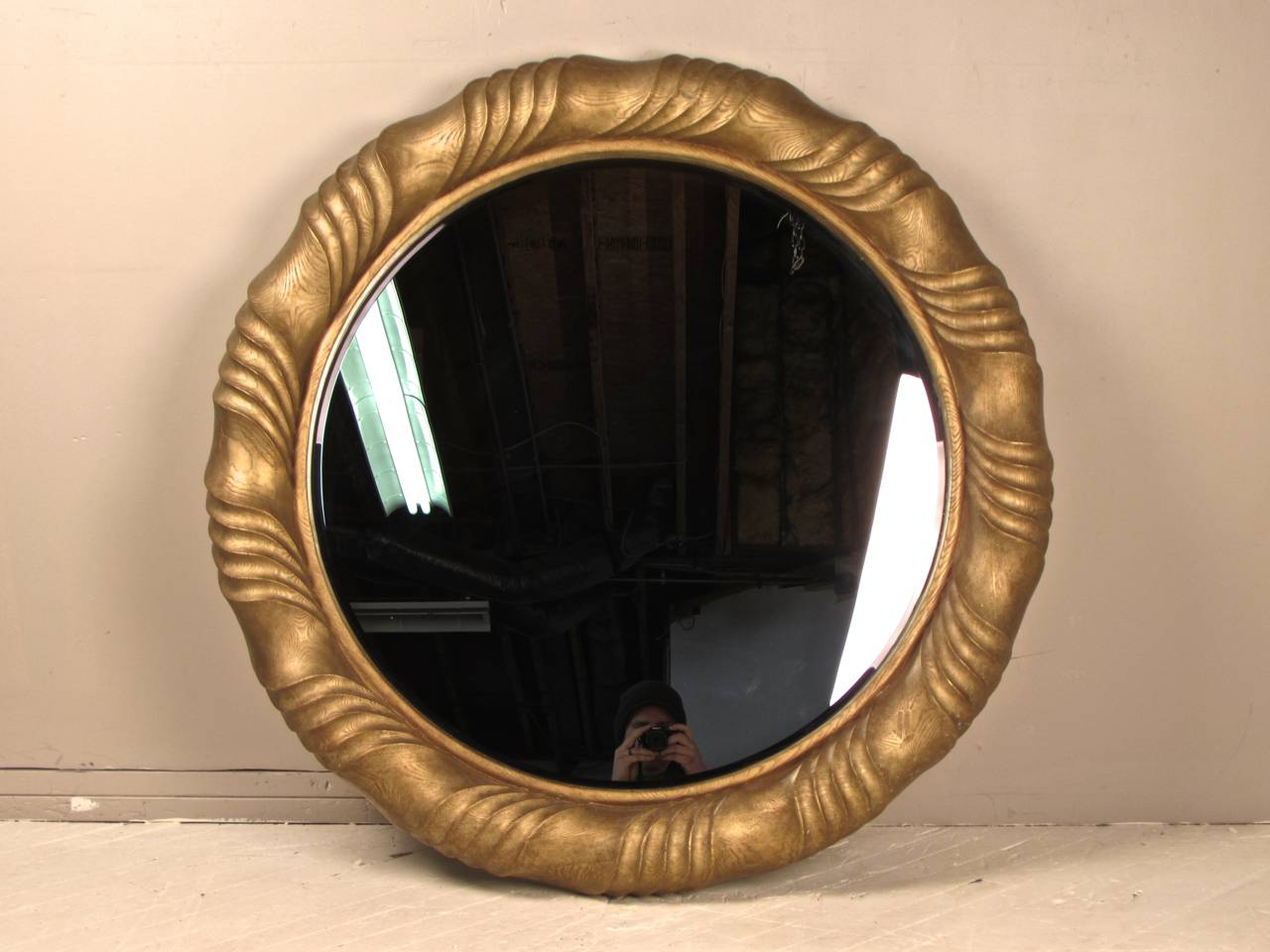 Hollywood Regency Monumental Gilded Resin Round Mirror with Bevel Detail