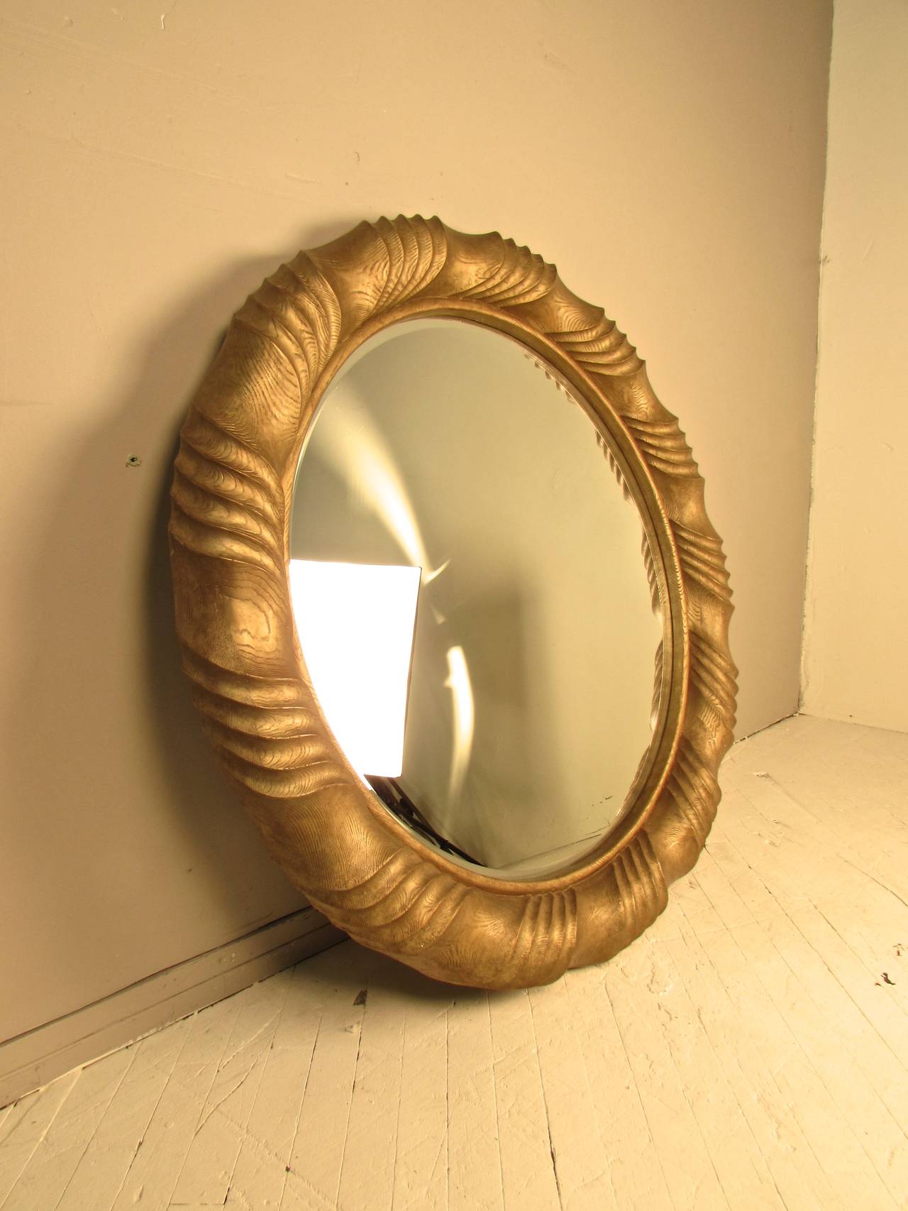 Unknown Monumental Gilded Resin Round Mirror with Bevel Detail