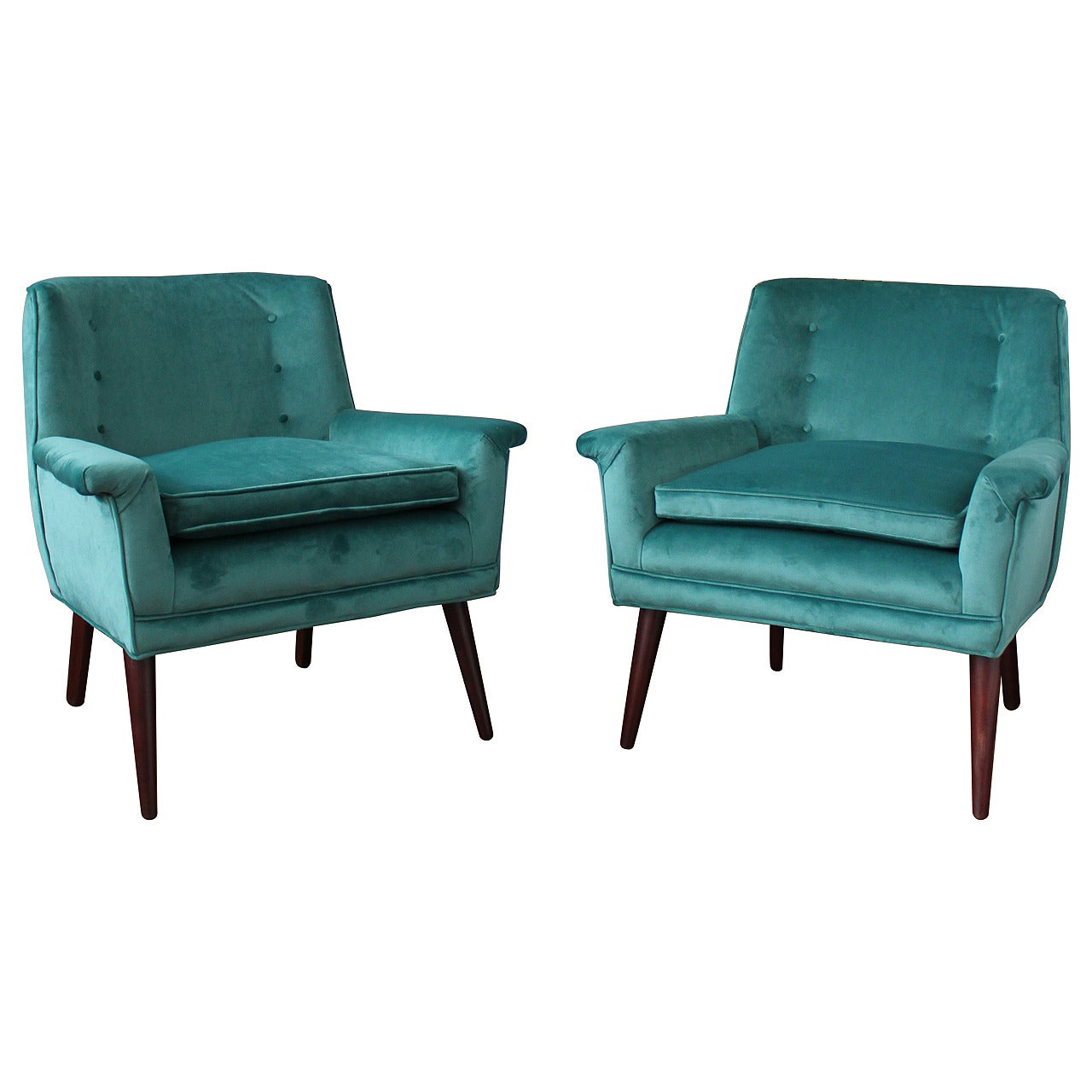 Exceptional Pair of Paul McCobb Style Lounge Chairs in Teal Velvet and Walnut