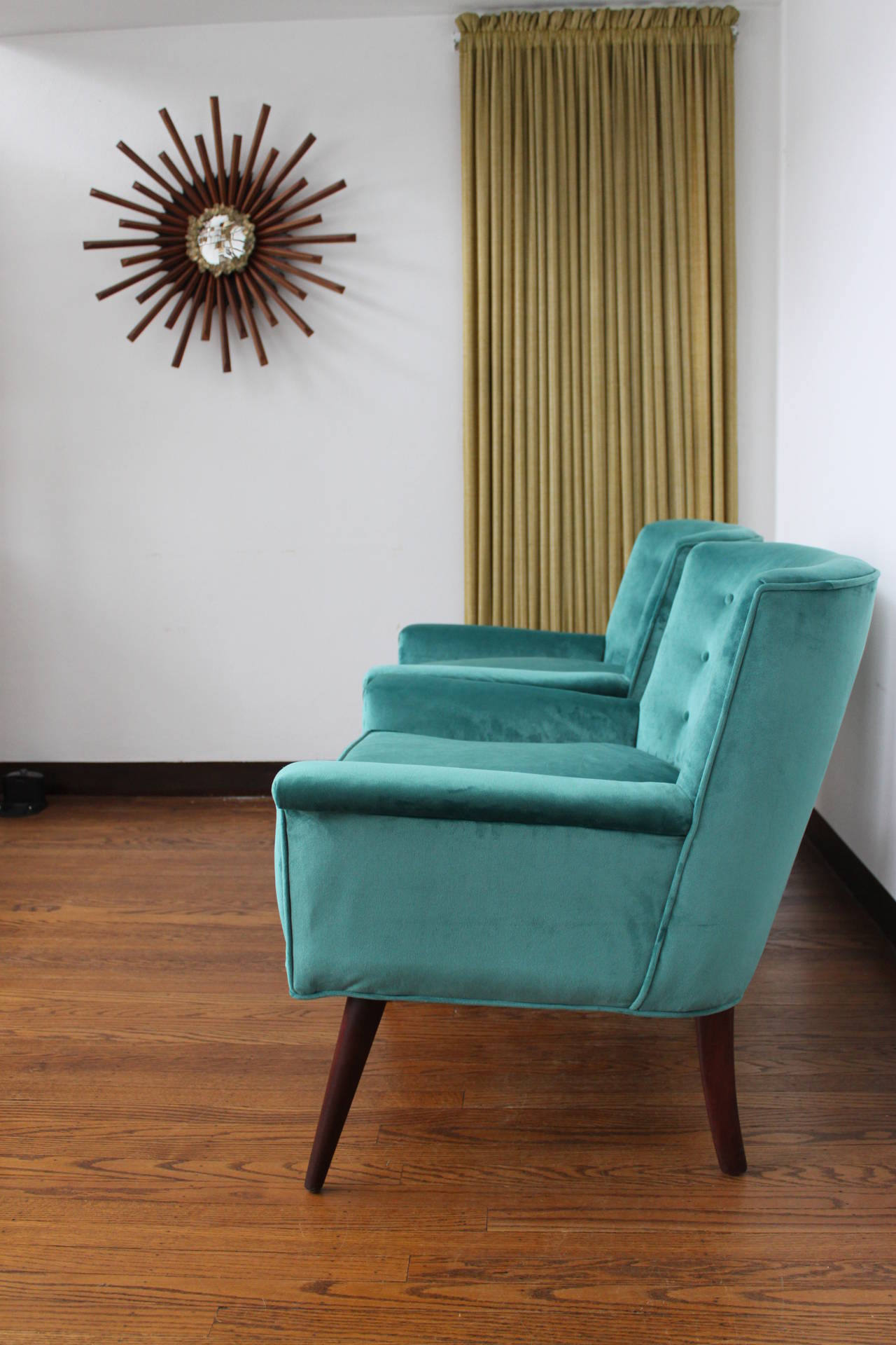 American Exceptional Pair of Paul McCobb Style Lounge Chairs in Teal Velvet and Walnut