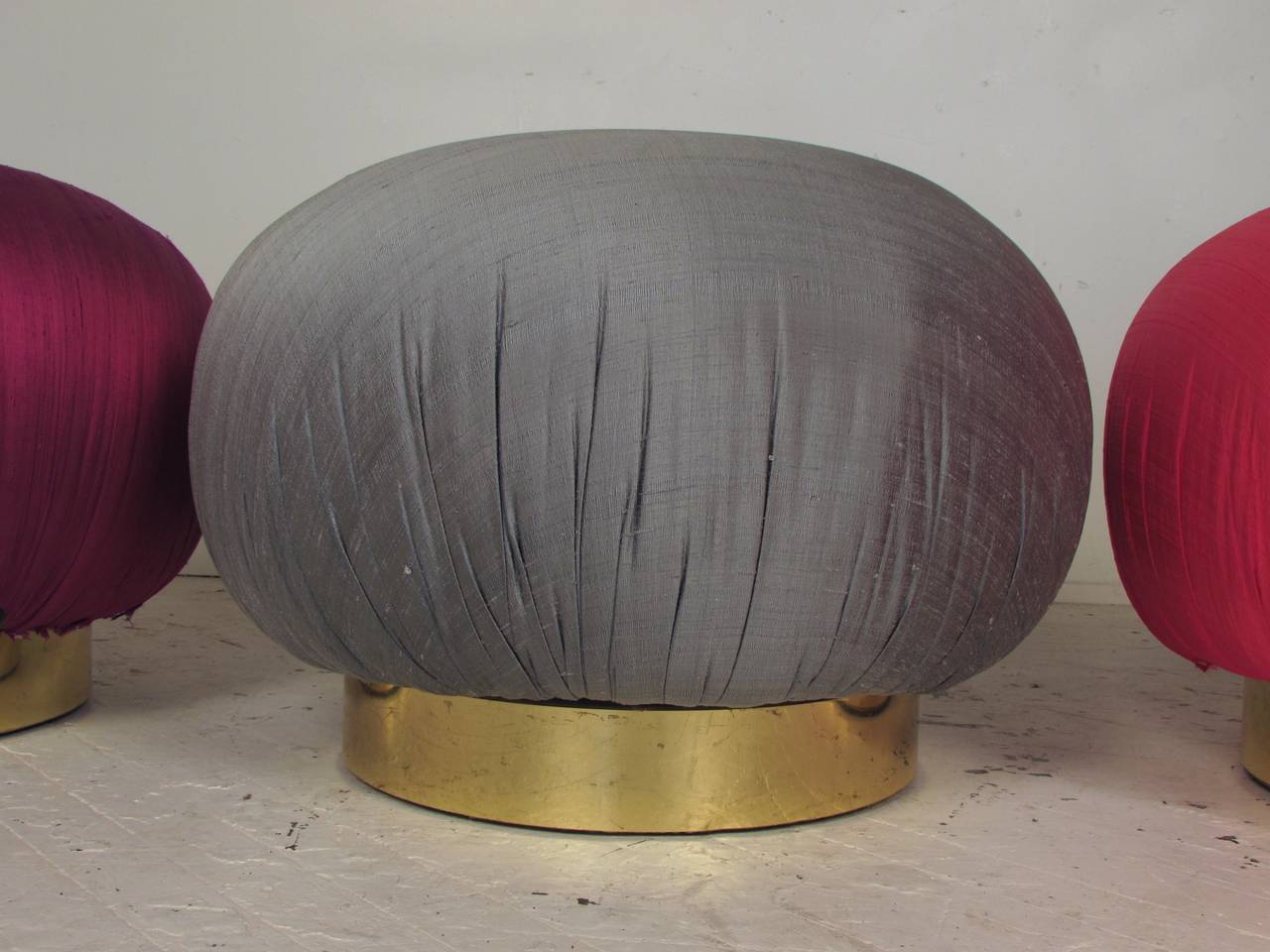 American Large Rare Pouf Stools on Brass Swivel Bases by Adrian Pearsall, Comfort Designs