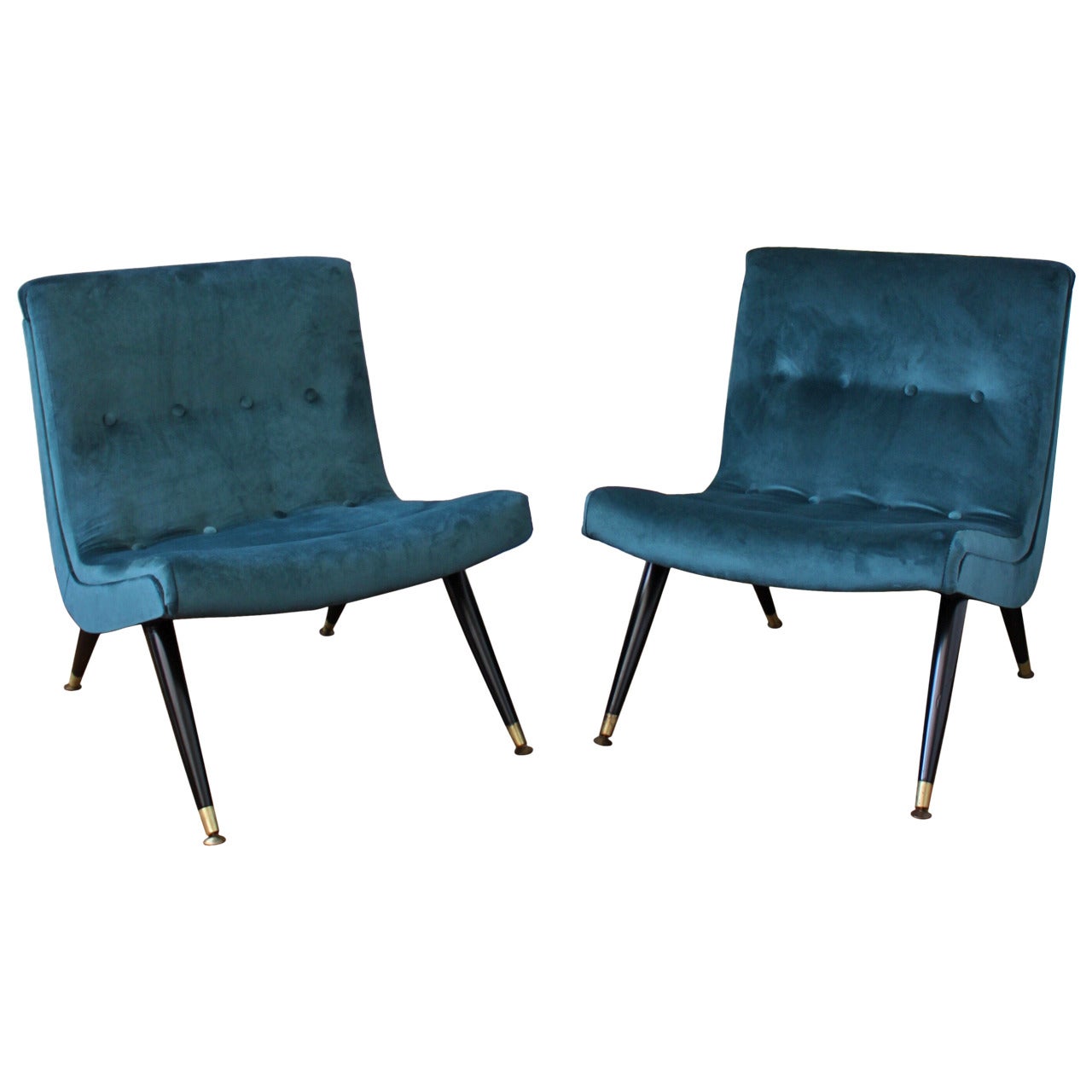 Exquisite Scoop Lounge Chairs in a Buttery Peacock Velvet by Milo Baughman