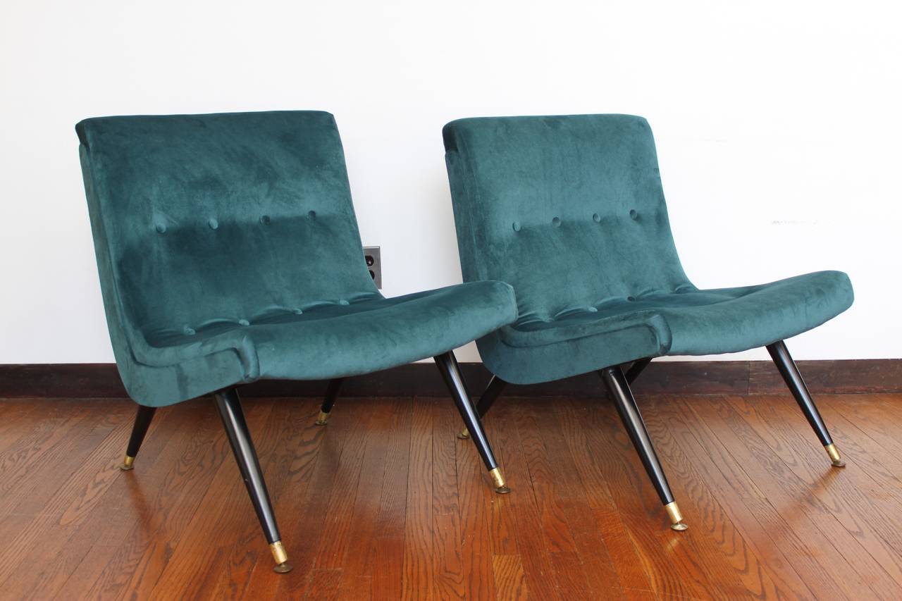 Mid-Century Modern Exquisite Scoop Lounge Chairs in a Buttery Peacock Velvet by Milo Baughman