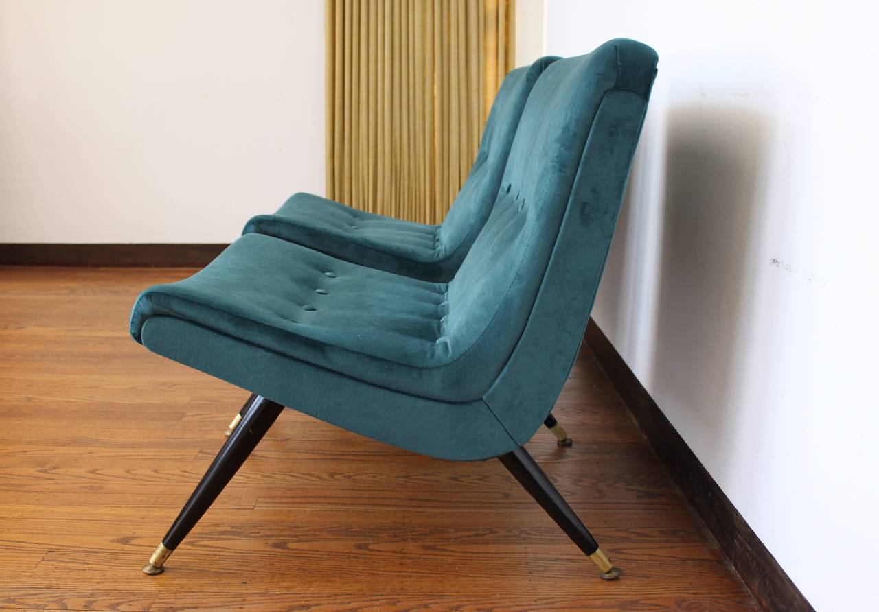 American Exquisite Scoop Lounge Chairs in a Buttery Peacock Velvet by Milo Baughman