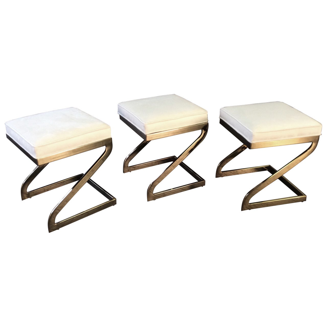 Magnificent Trio of Cantilevered Brass "Z" Form Stools, circa 1970