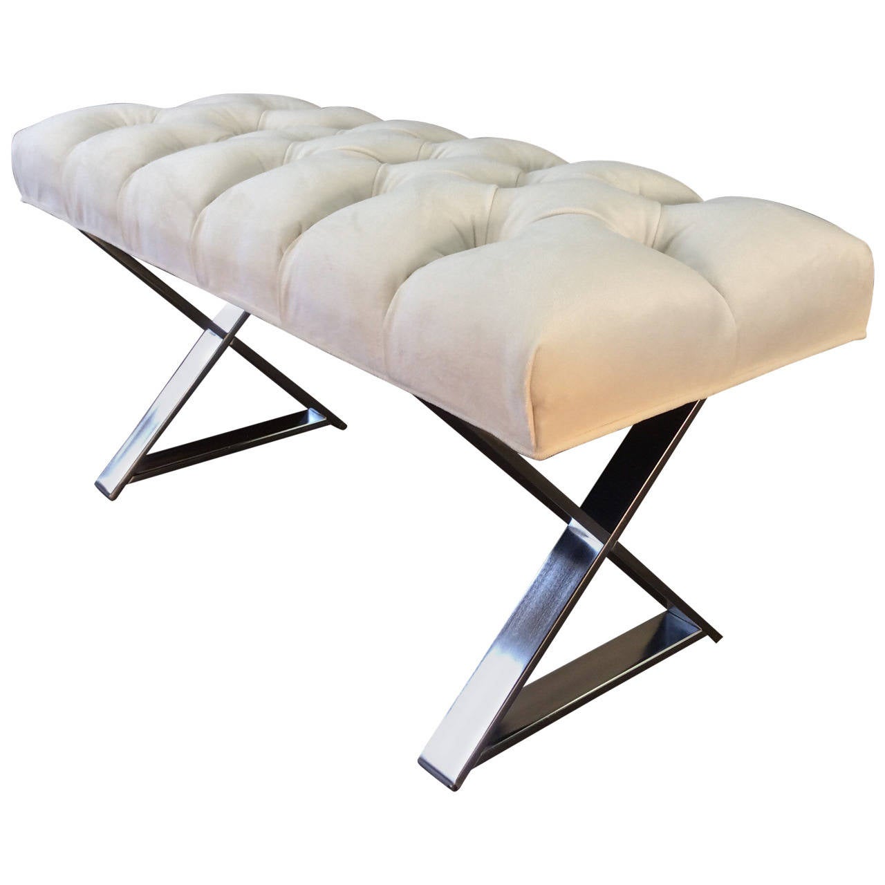 XBase Chrome Bench in White Velvet by Milo Baughman for Thayer Coggin
