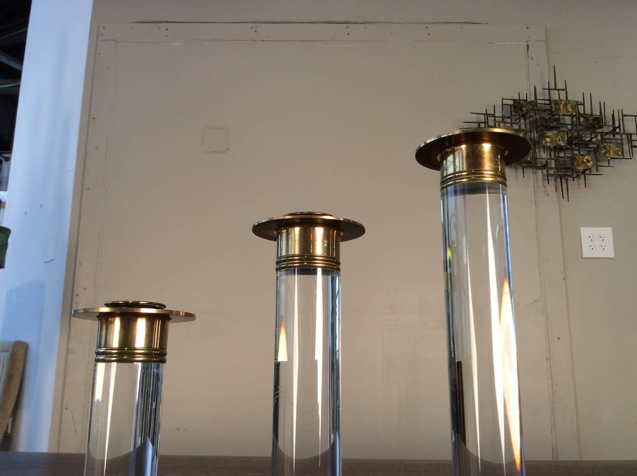 Mid-Century Modern Trio of Lucite and Brass Candlestick Holders in the Style of Karl Springer