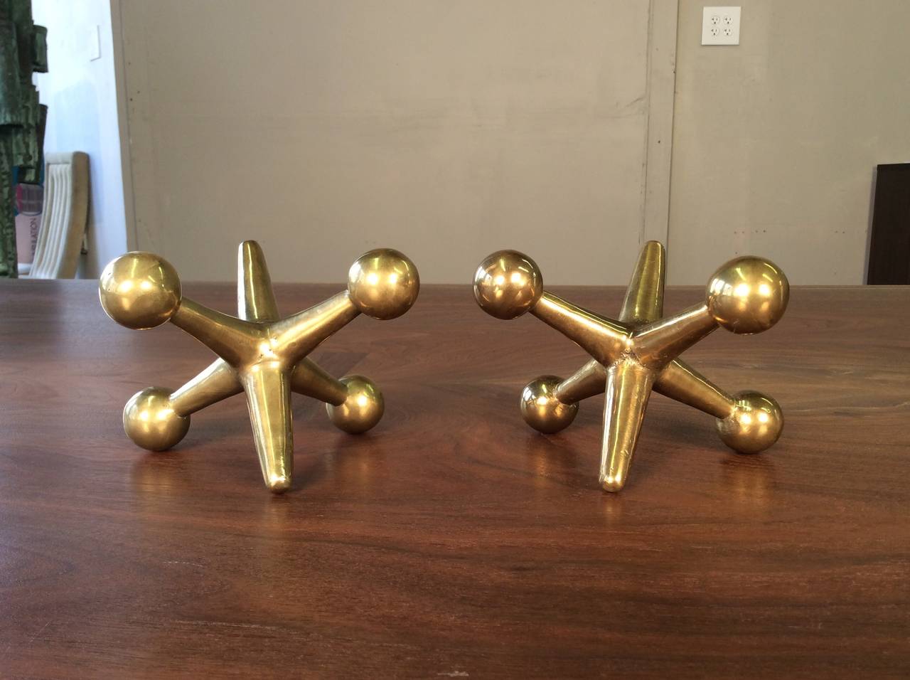 Mid-Century Modern Best Pair of Oversized Solid Brass Jacks Bookends or Object