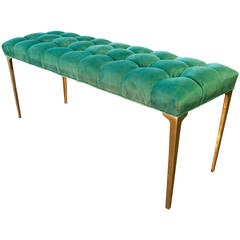Custom-Made Long Bench in Tufted Teal Velvet with Brass Stiletto Legs