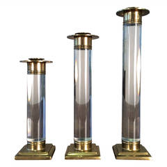 Trio of Lucite and Brass Candlestick Holders in the Style of Karl Springer