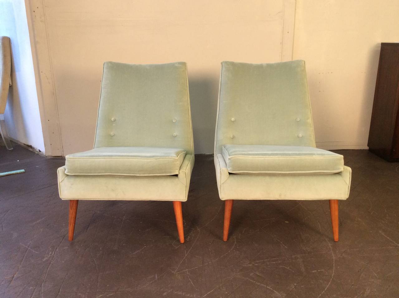 1950s Slipper Lounge Chairs in Sea Foam Velvet in the Style of Paul McCobb 1