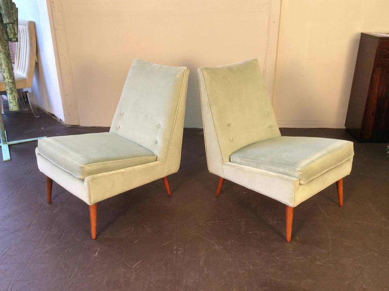 American 1950s Slipper Lounge Chairs in Sea Foam Velvet in the Style of Paul McCobb