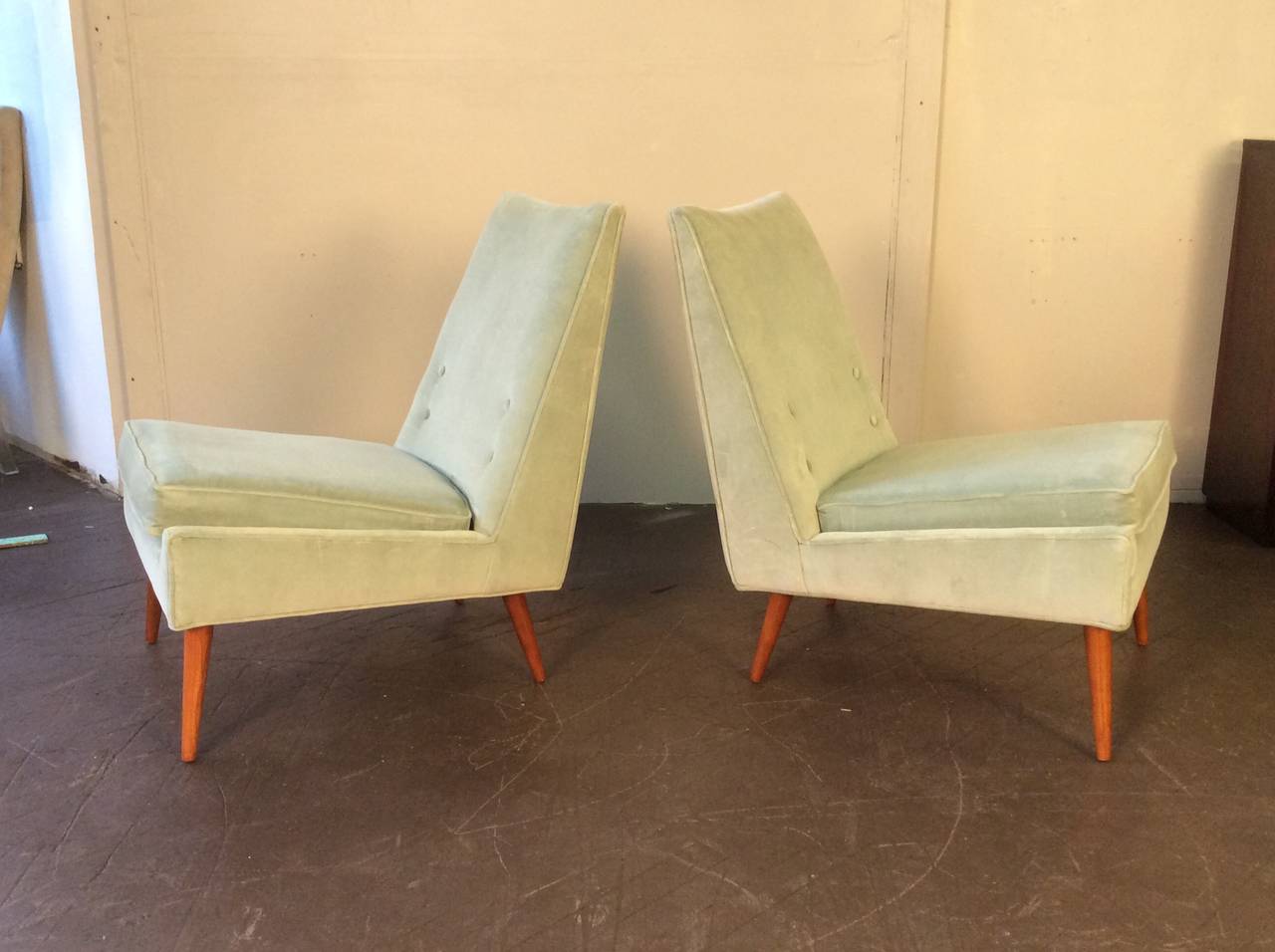 Mid-20th Century 1950s Slipper Lounge Chairs in Sea Foam Velvet in the Style of Paul McCobb